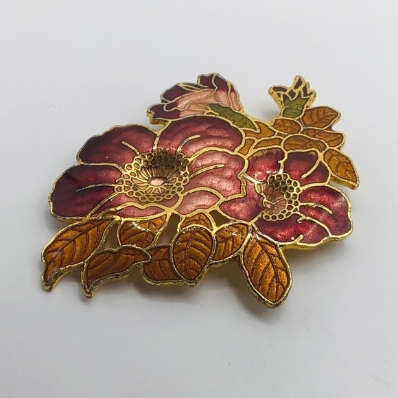 Vtg Cloisonne Brooch 2” Jewelry Gold Tone Flowers Enamel Pin Multicolor Pink Red - Picture 1 of 7